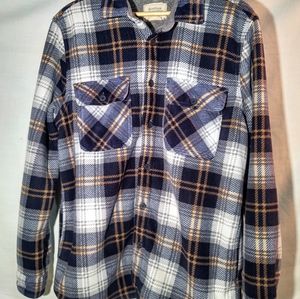 Boston Traders Fleece Lined Button Down Flannel Jacket Blue Silver Gold Plaid